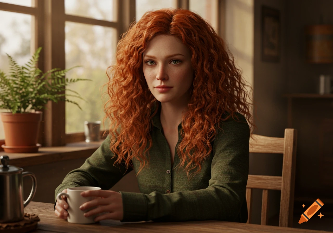 A photorealistic portrait of a woman with long, curly red hair, seated at a wooden table holding a mug.