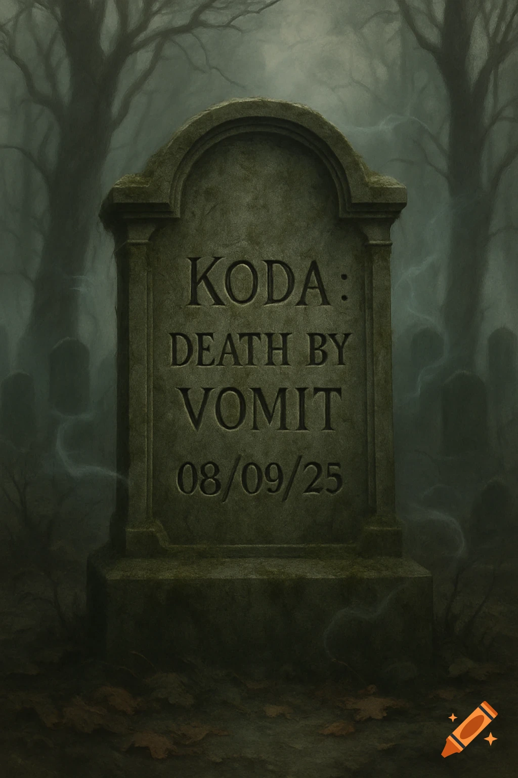 A weathered tombstone in a misty, dark cemetery, engraved with 'KODA: DEATH BY VOMIT 08/09/25'.