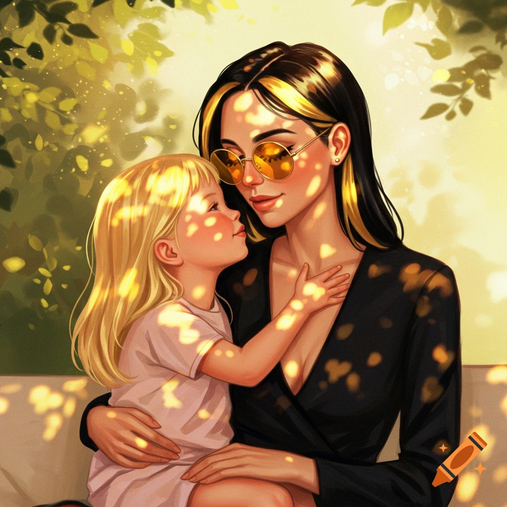 Illustrated portrait of a mother with black and blonde hair and sunglasses holding her blonde child in warm dappled sunlight.