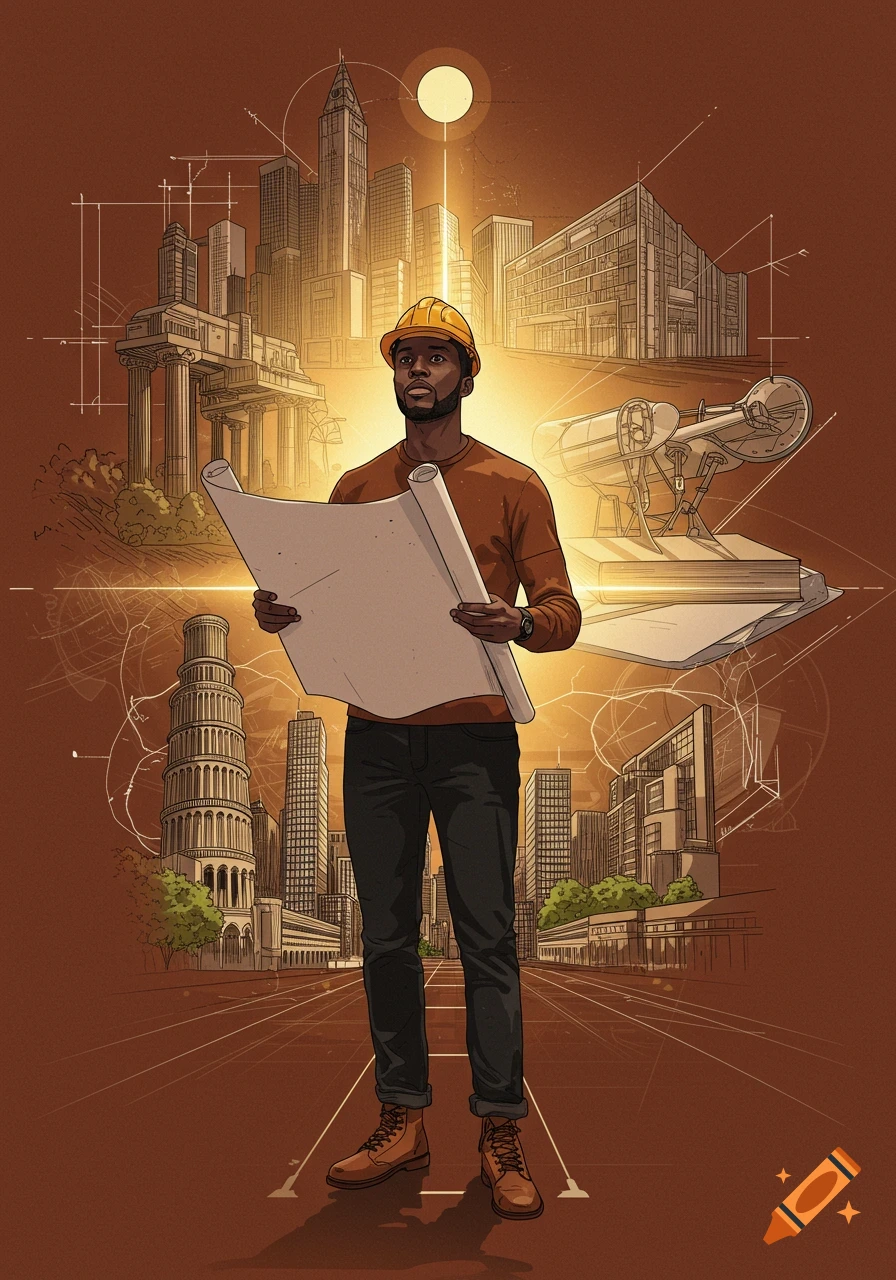 A man in a hard hat holds blueprints, standing amidst architectural designs and cityscapes with a prominent sun.