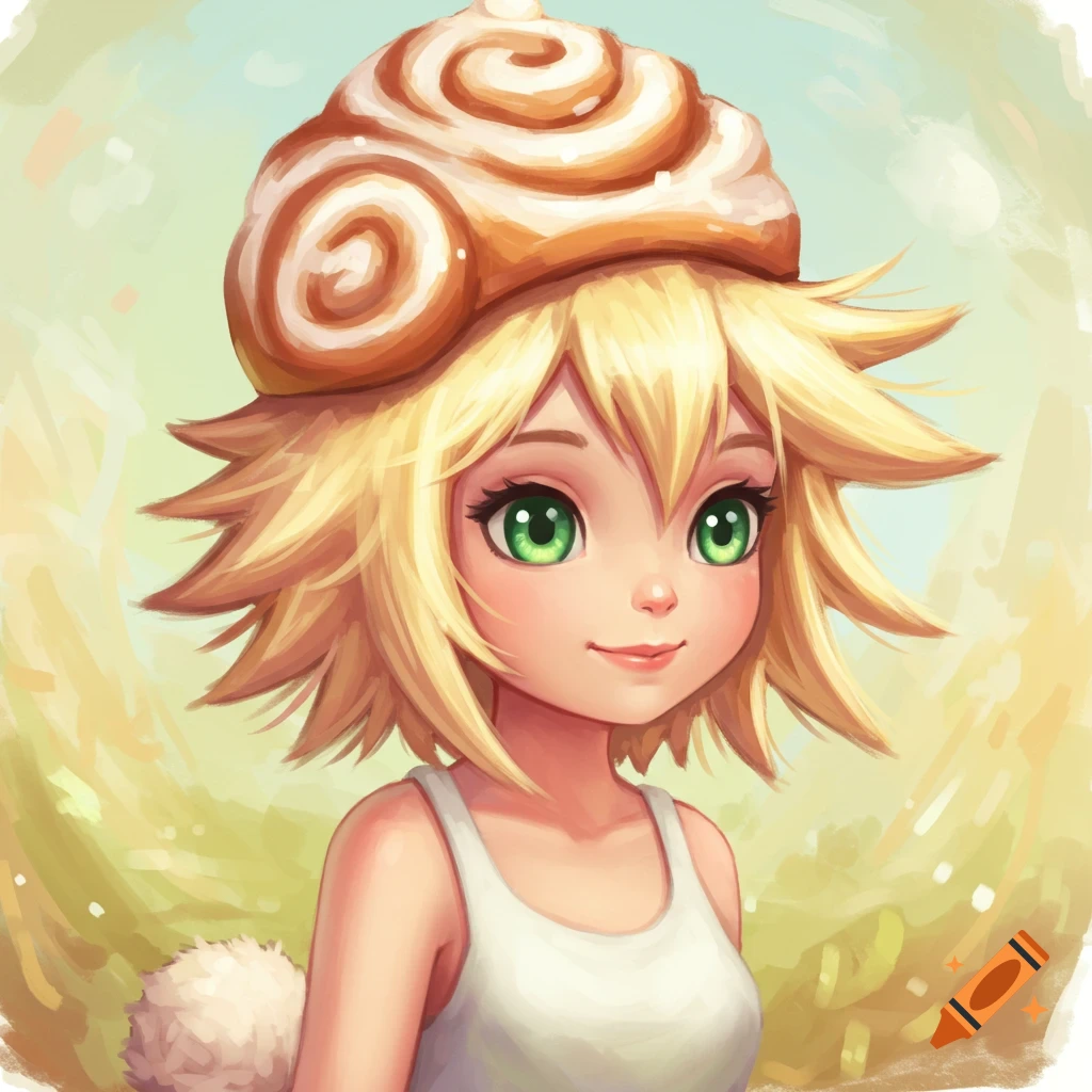A digital painting of a cute anime girl with spiky blonde hair, green eyes, a white tank top, and a cinnamon roll hat, with a fluffy bunny tail peeking out.