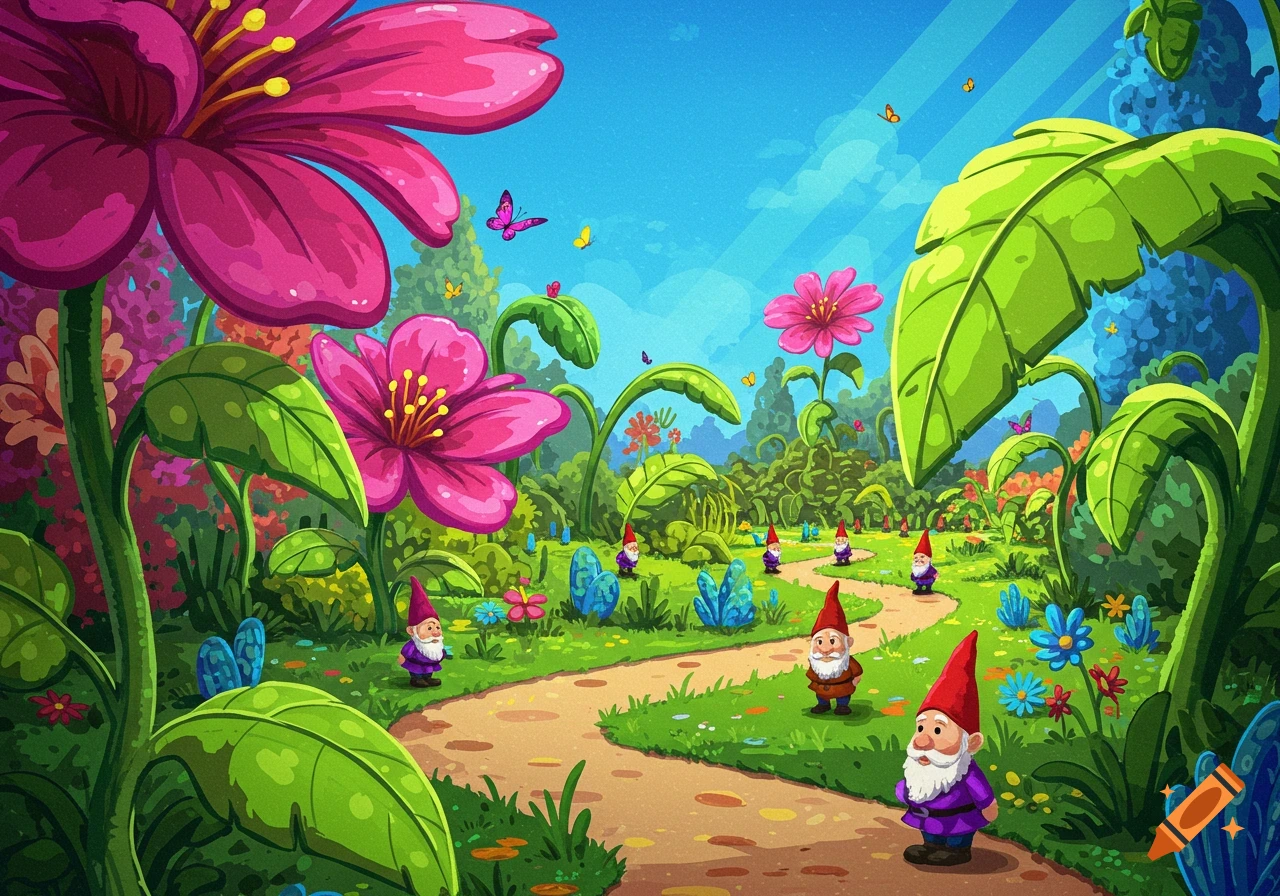 A vibrant cartoon garden with giant pink flowers, green leaves, and several small gnomes walking on a winding path under a blue sky with butterflies.