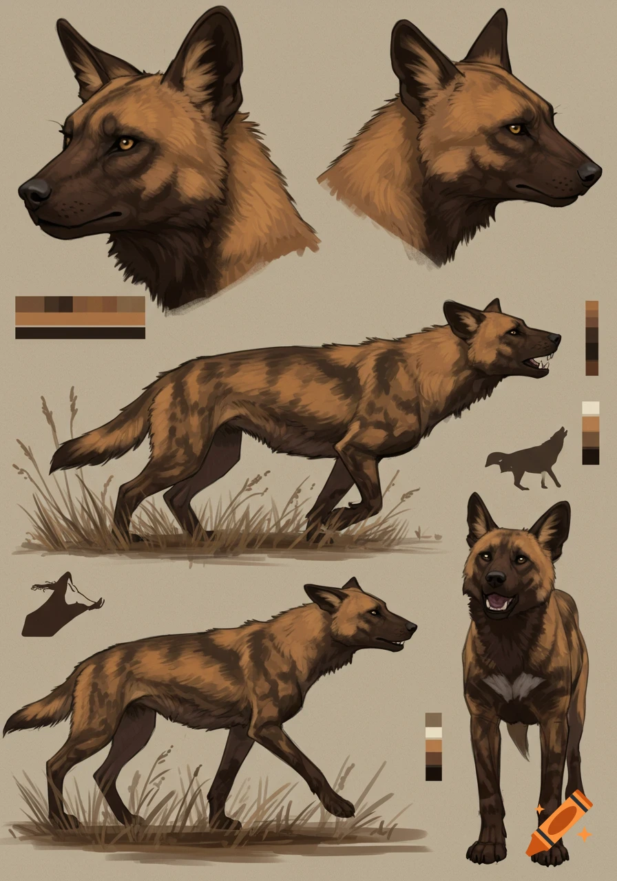 A detailed reference sheet of an African wild dog, featuring multiple views, poses, and color palettes on a light background.