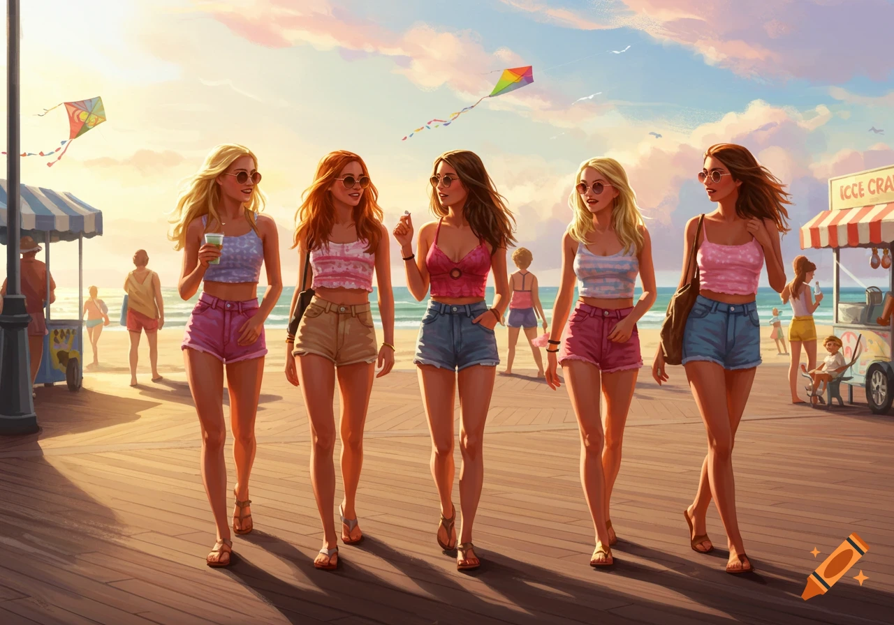 Five women in shorts and tops walk on a wooden boardwalk at sunset, with a beach, sky, and kites in the background. Illustrative style.