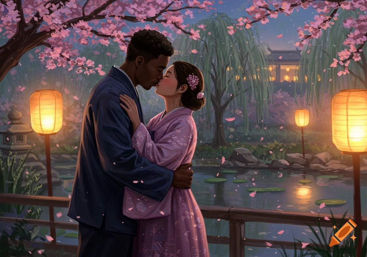 An African American man and a Korean woman kiss under cherry blossoms in a moonlit Japanese garden with lanterns.