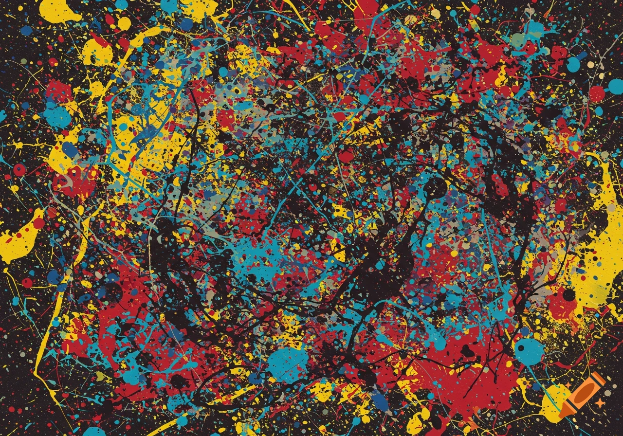 An abstract drip painting featuring splatters of red, blue, yellow, and black paint on a dark background.
