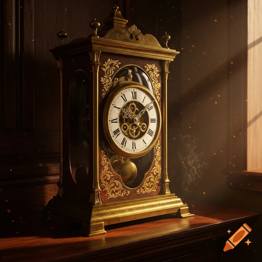 A close-up, photorealistic image of an antique-style mantel clock with a brass frame and intricate gold detailing, sitting on a wooden table. Sunlight streams in from a window on the right.