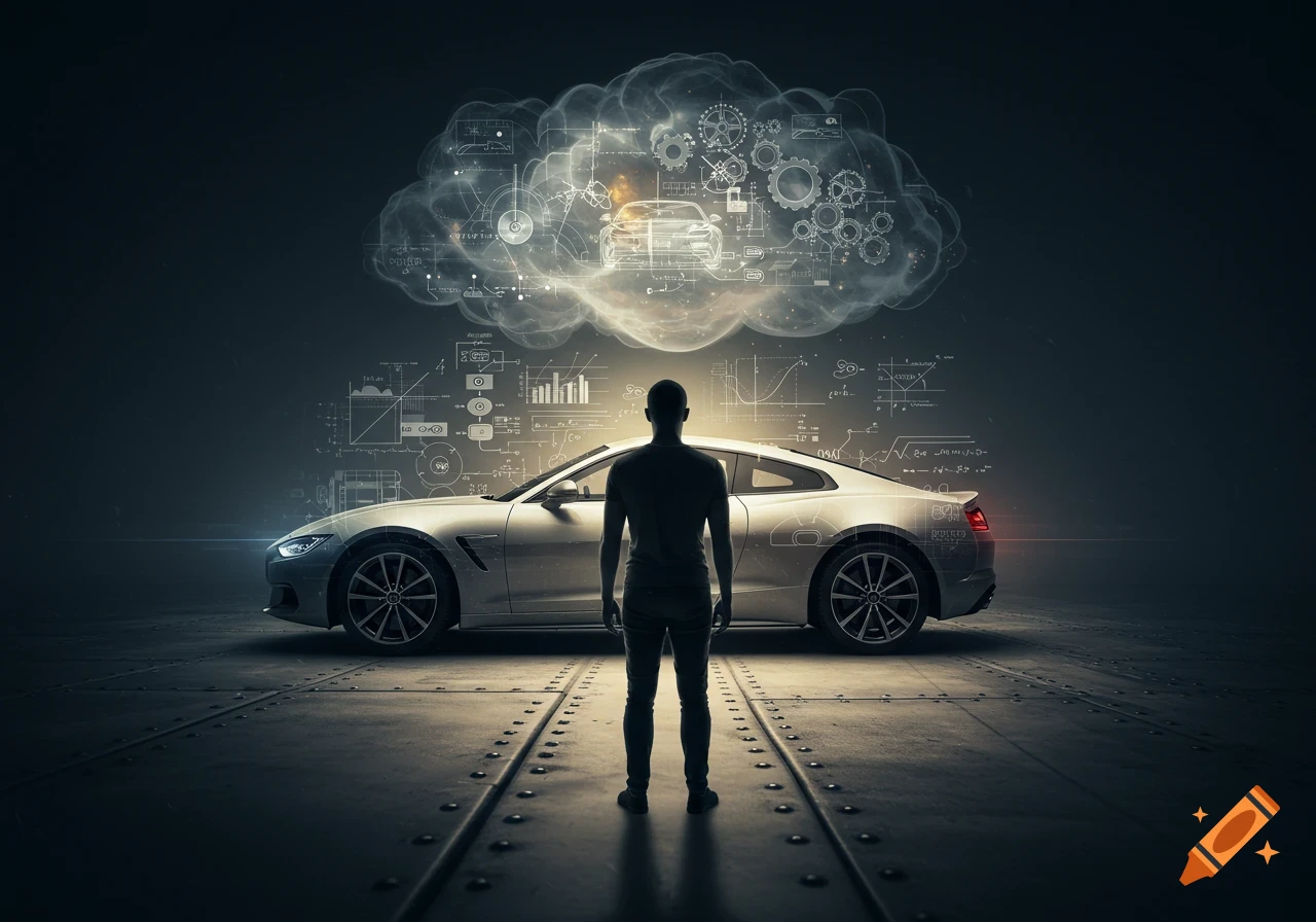 A man stands before a white sports car with a glowing cloud of diagrams and gears representing ideas.