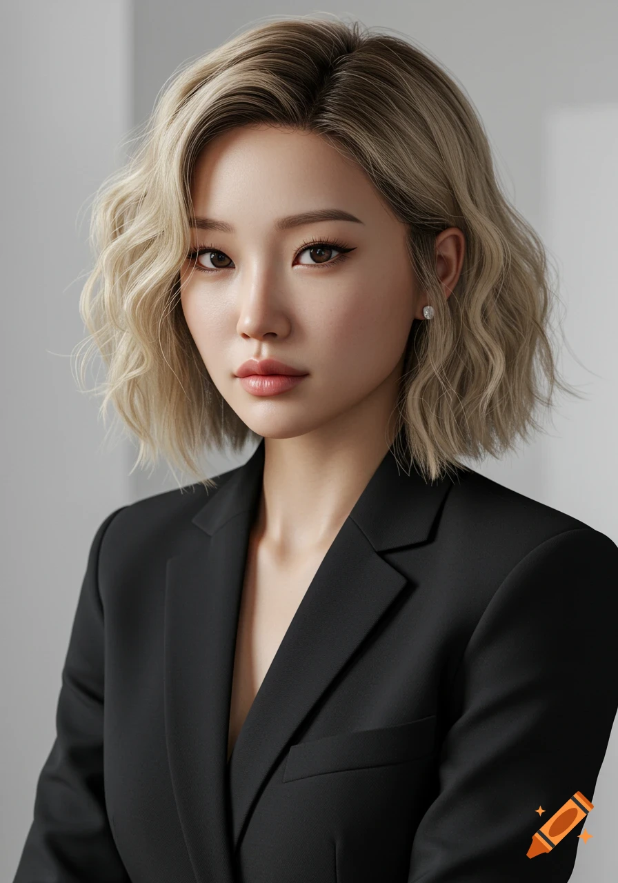 Hyperrealistic portrait of a pretty Asian woman with a wavy blonde bob and dark brown eyes, wearing a black suit.