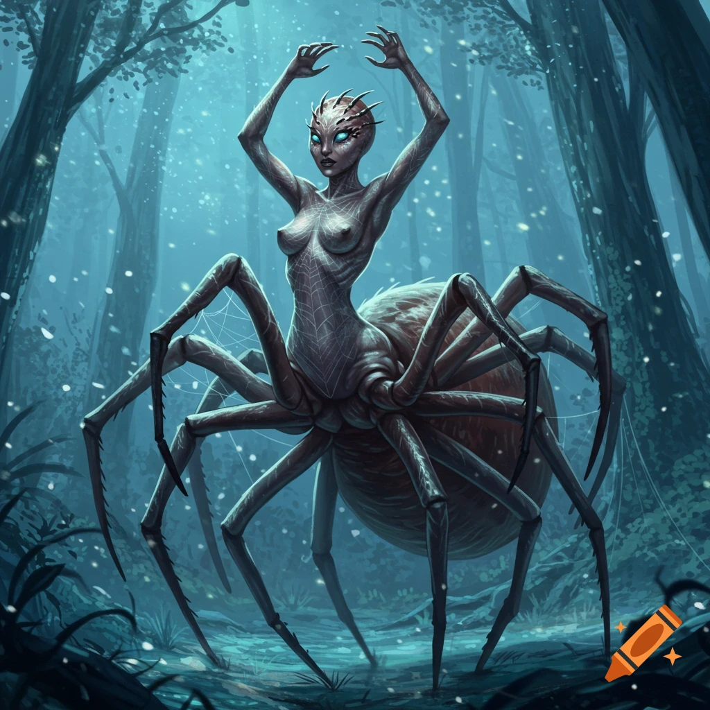 A humanoid spider creature with a bare torso and glowing eyes stands in a dark, mystical forest.