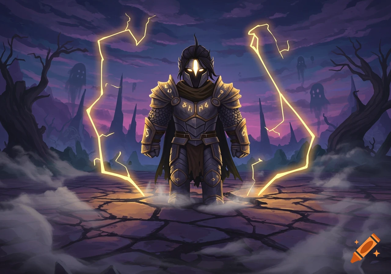 A knight in dark armor with glowing eyes stands on cracked earth surrounded by yellow lightning and ghostly figures under a purple, stormy sky.