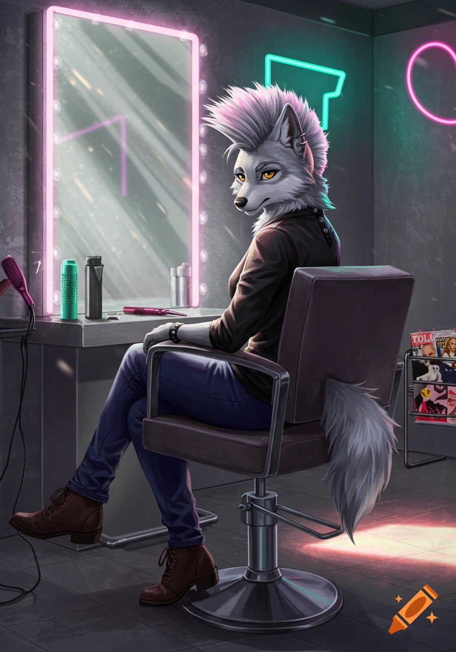 An anthropomorphic wolf woman with a mohawk sits in a salon chair, looking over her shoulder. Pink and teal neon lights glow in the background.