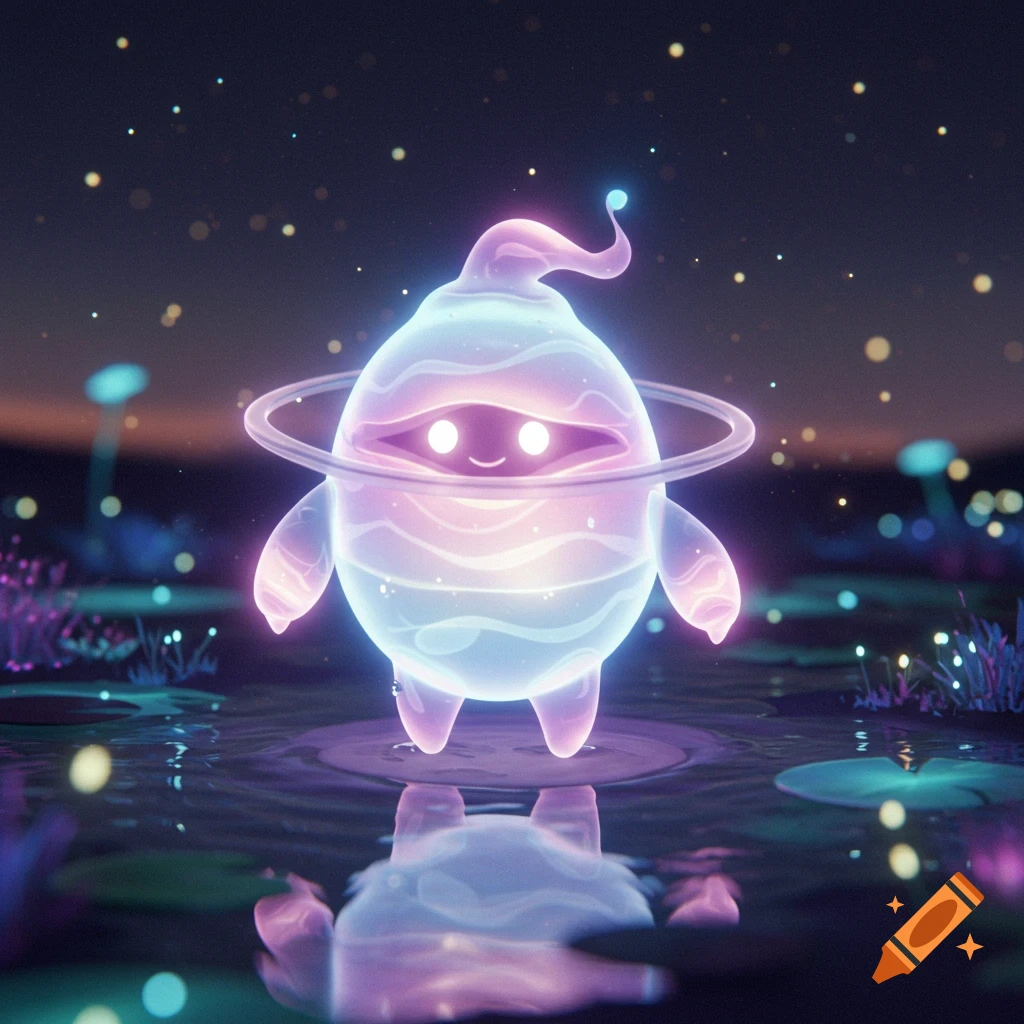 A glowing, light blue and pink, orb-shaped creature with a ring around its body stands in reflective water under a starry sky.