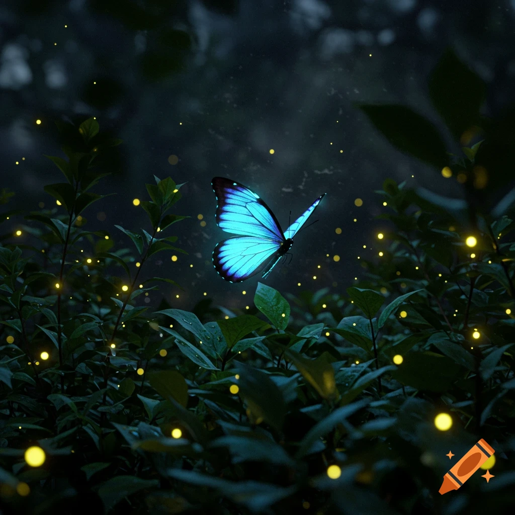A glowing blue butterfly hovers among green leaves and sparkling yellow fireflies in a dark forest at night.