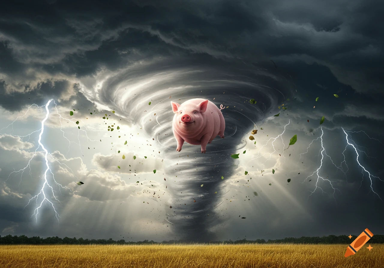 A happy pink pig floats inside a large tornado above a golden field under a dark, lightning-streaked sky.