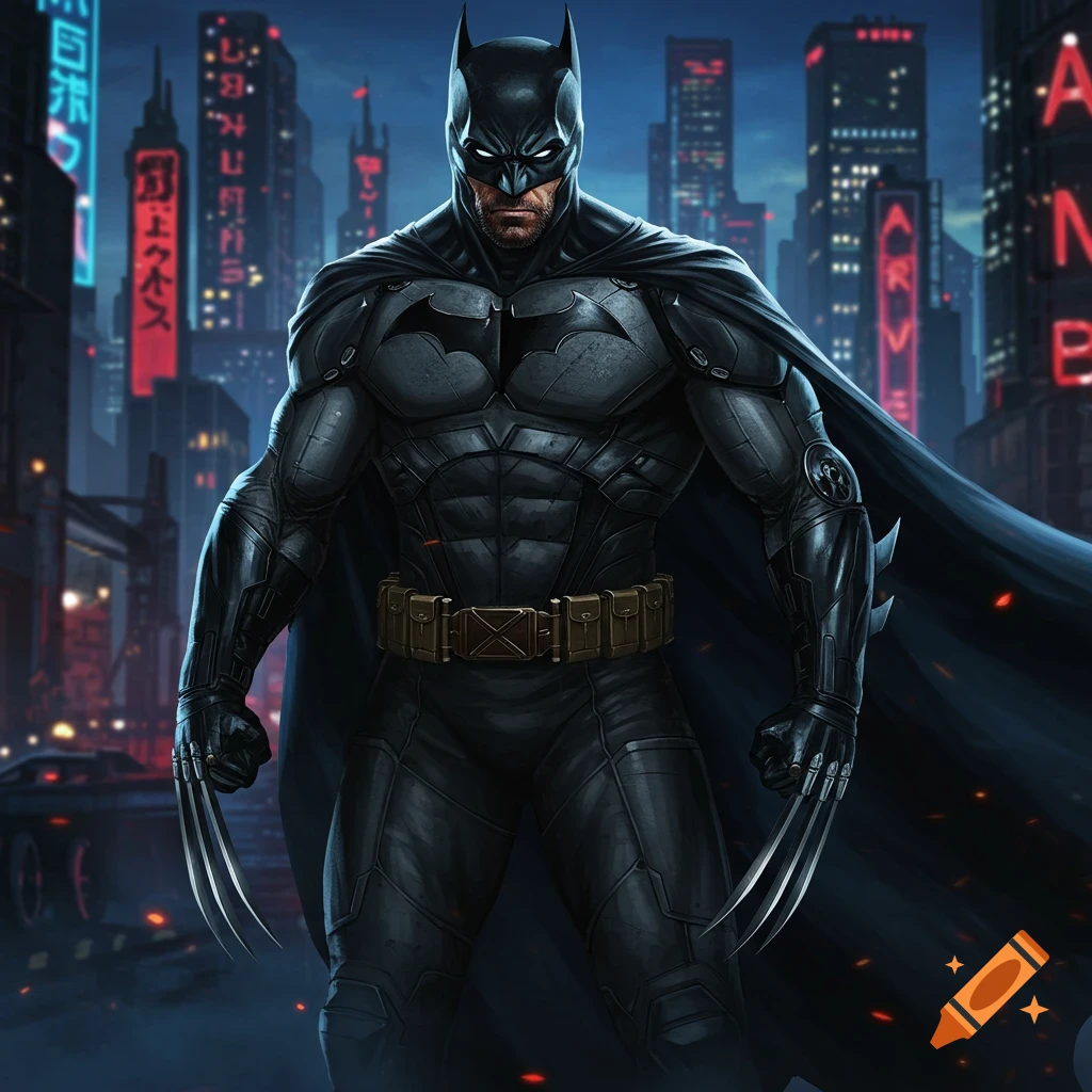A Wolverine Batman hybrid character stands prominently in a neon-lit cyberpunk city at night, in a comic book art style.