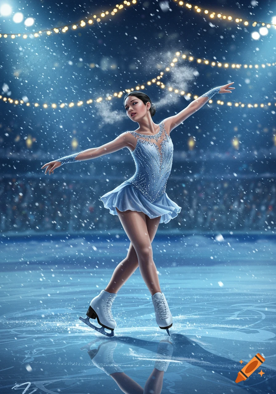 A female ice skater in a light blue costume gracefully poses on an ice rink with falling snow and stadium lights.