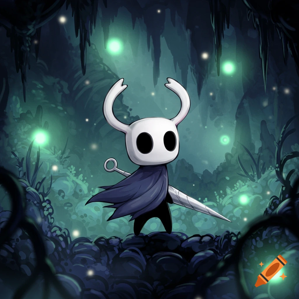 The Knight from Hollow Knight standing in a glowing, dark blue-green cave with glowing spores.