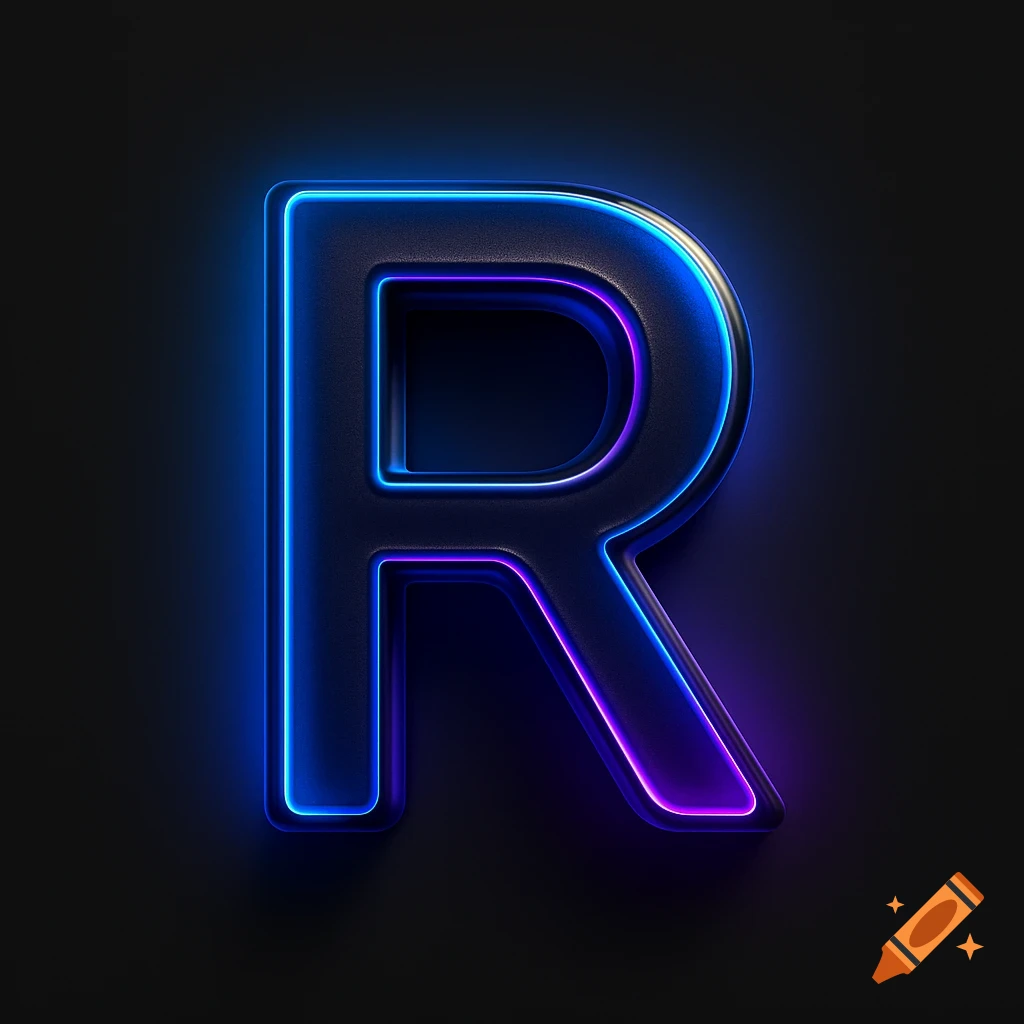 A bold, dark letter R outlined in glowing blue and purple neon lights against a black background.