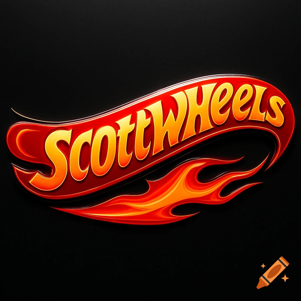 Red and orange logo resembling Hot Wheels, featuring the text 'ScottWheels' and stylized flames on a black background.