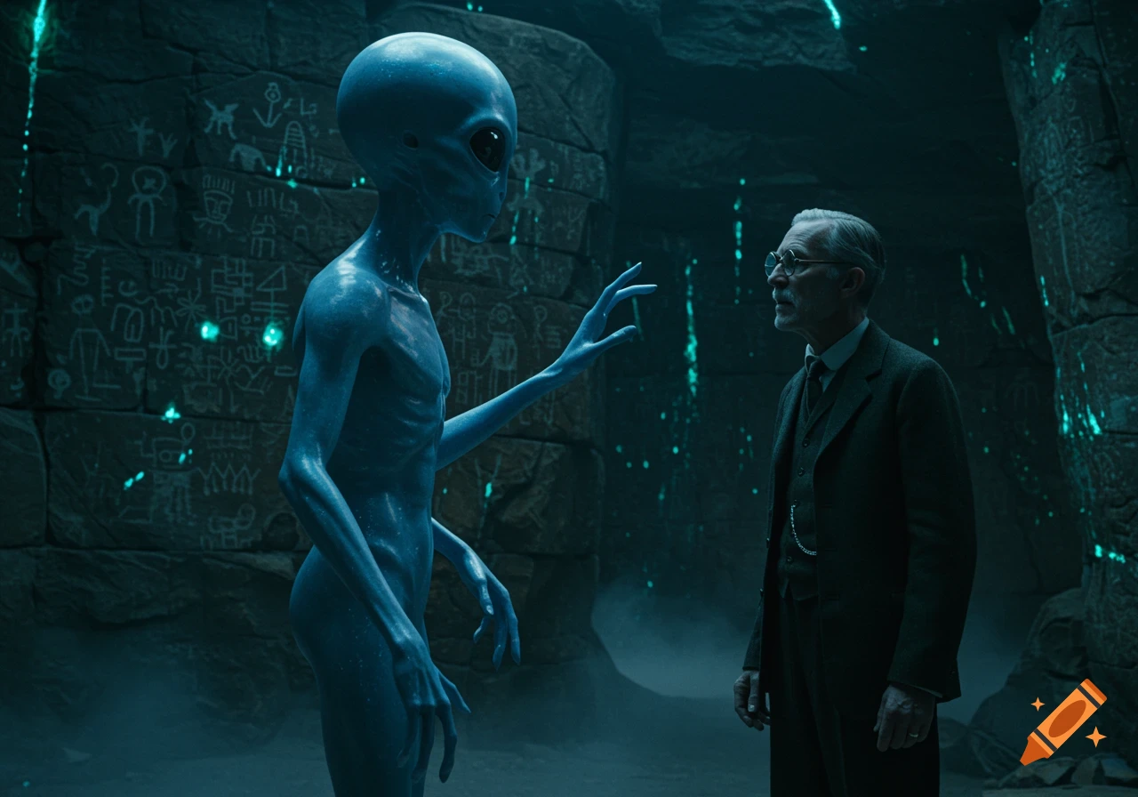 A blue alien with large eyes interacts with a man in a suit and glasses inside a dark, ancient-looking chamber with glowing symbols on the walls.