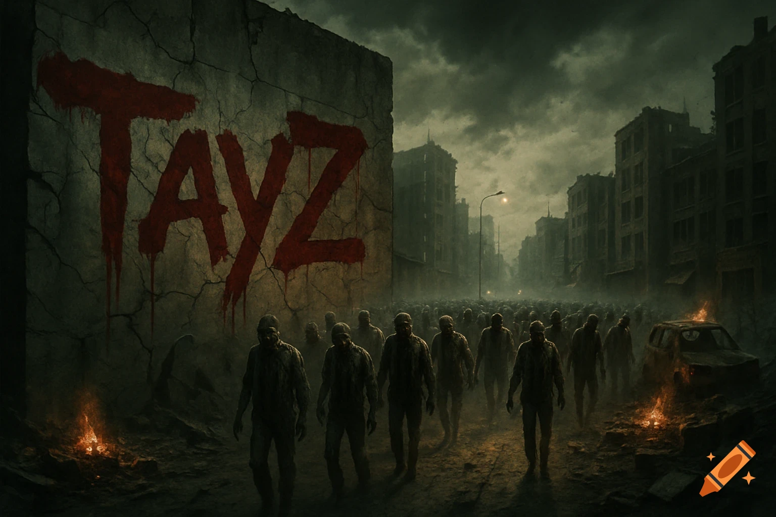 A dark, post-apocalyptic cityscape with "TAYZ" spray-painted in red on a cracked wall and a horde of zombies walking down the street.