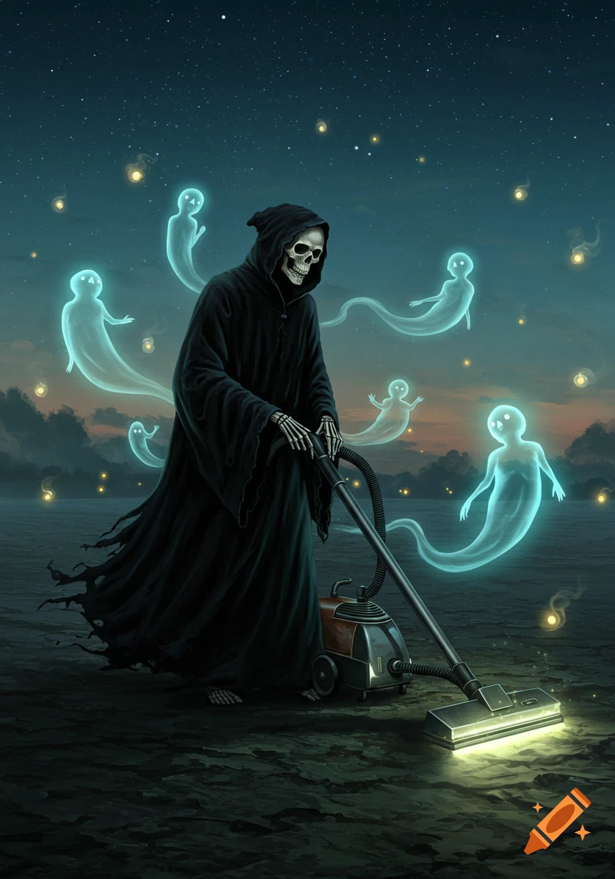 The Grim Reaper vacuums glowing, cartoon-like ghosts from a dark, misty landscape under a starry night sky.