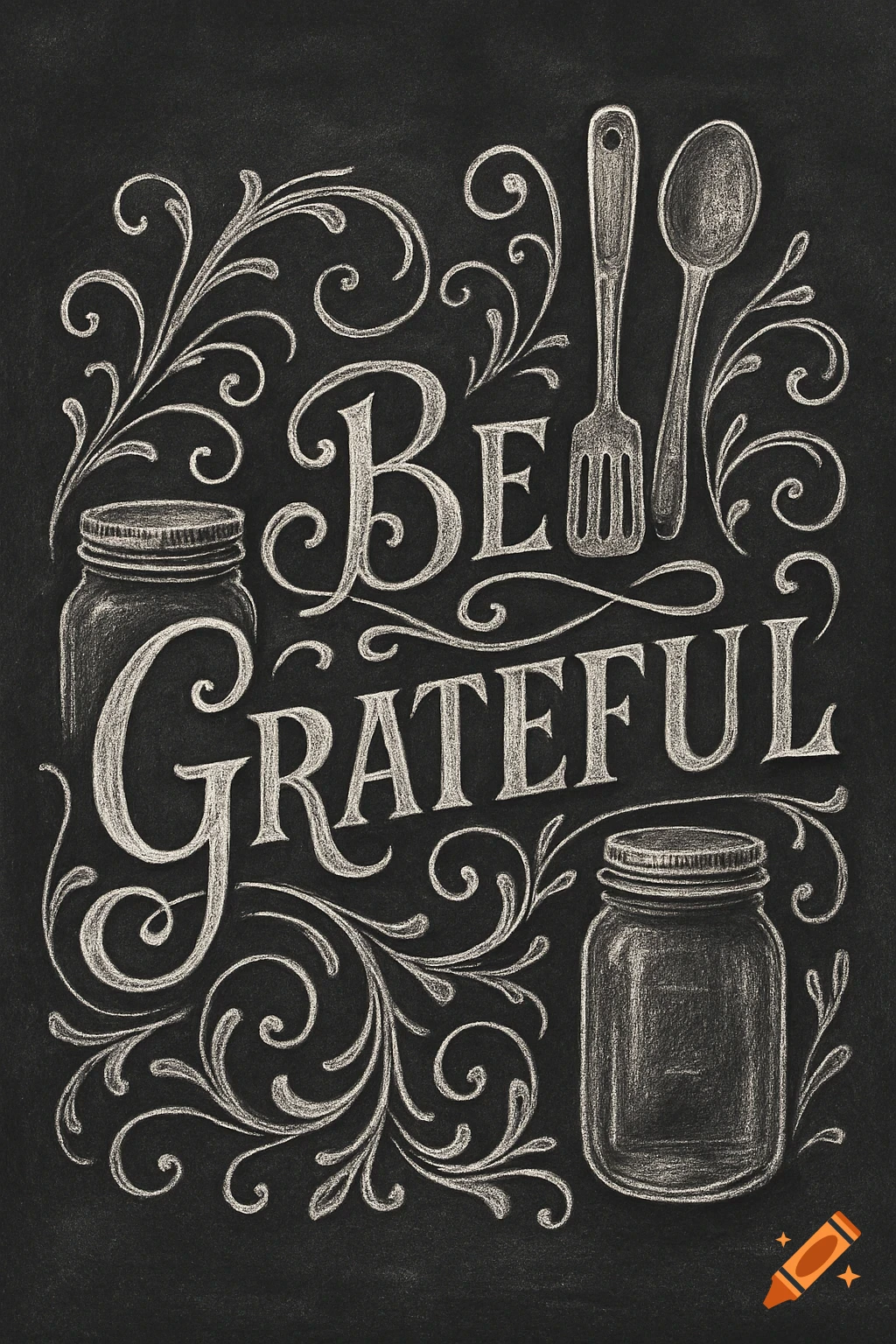 A chalk drawing on a blackboard that reads "Be Grateful", surrounded by ornate flourishes, kitchen utensils, and mason jars.