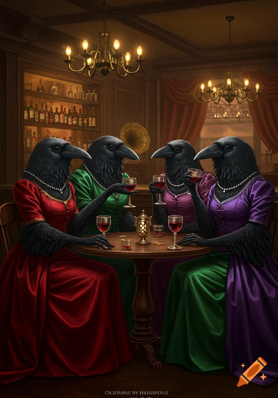Four anthropomorphic crows in Victorian dresses drink red wine at a table in a dimly lit, ornate bar.