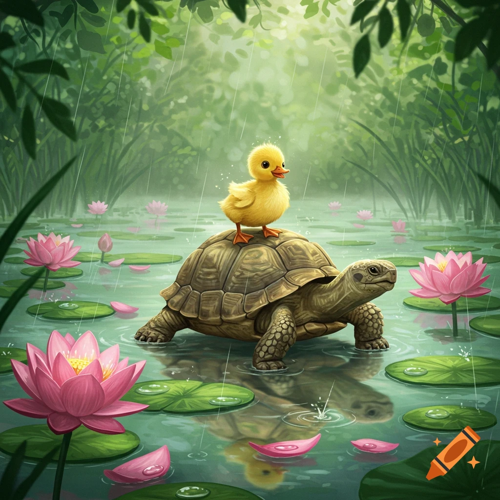 A cute yellow baby duck rides a tortoise through a rainy lotus pond in a charming cartoon illustration.