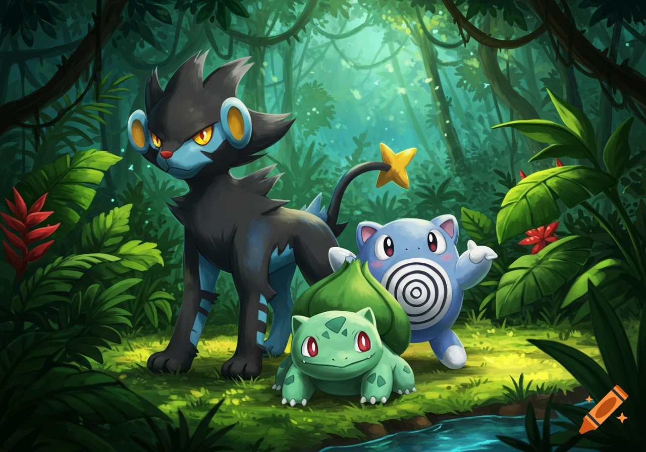 Luxray, Poliwhirl, and Bulbasaur stand together in a vibrant, lush jungle with trees and a small stream.