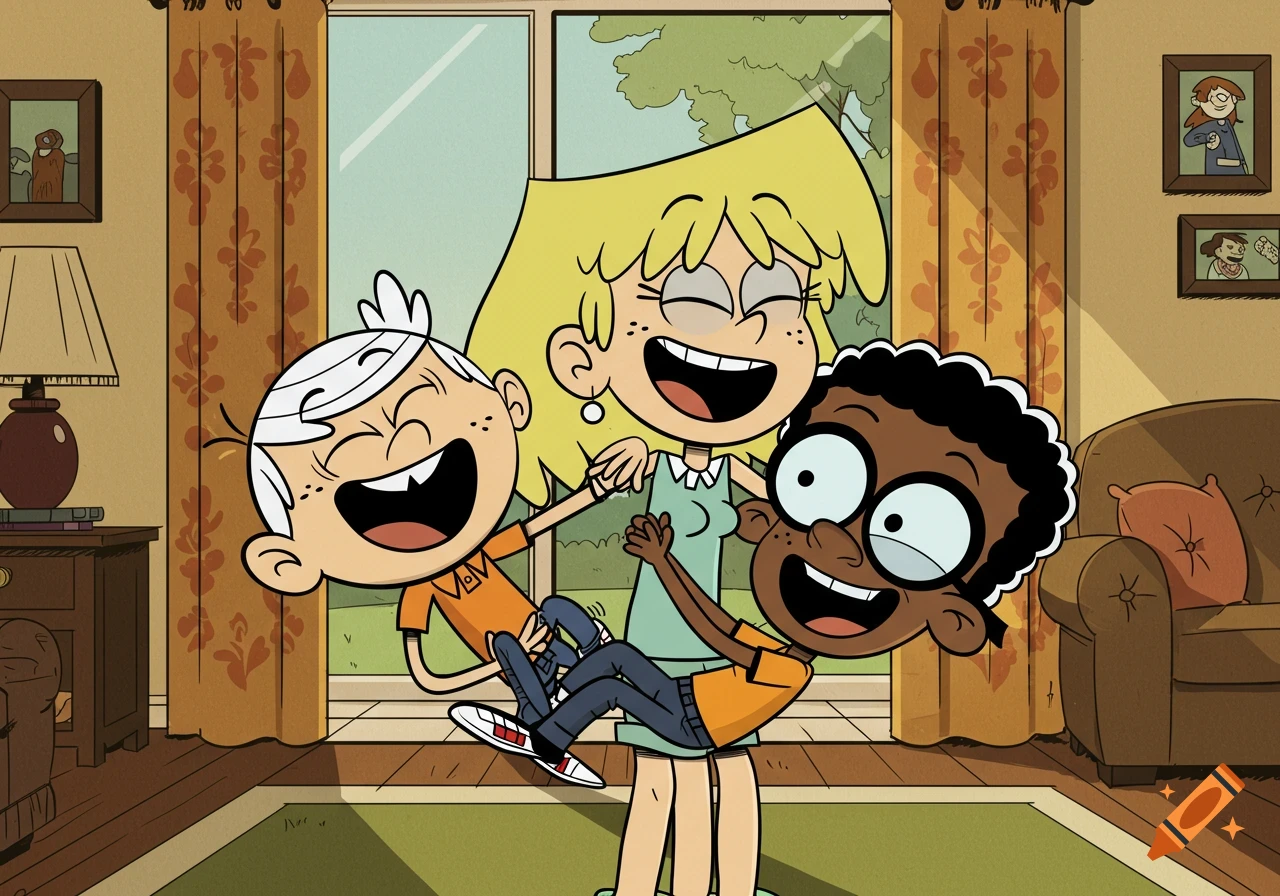Cartoon characters Lincoln Loud and Clyde McBride are held by Lori Loud, all three laughing boisterously in a bright living room.