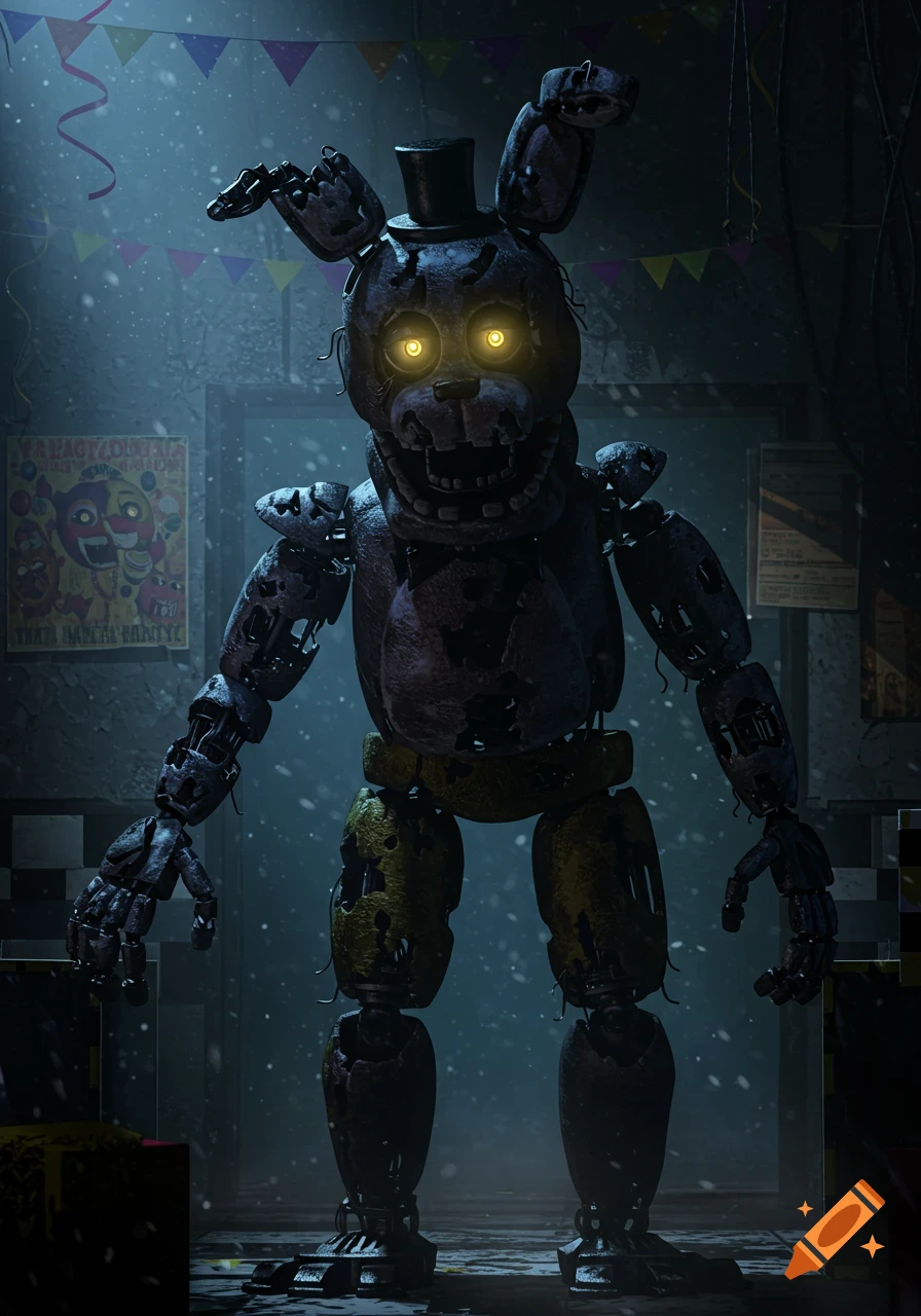 A dark, dilapidated animatronic with glowing yellow eyes and a top hat stands in a dimly lit, snowy room.