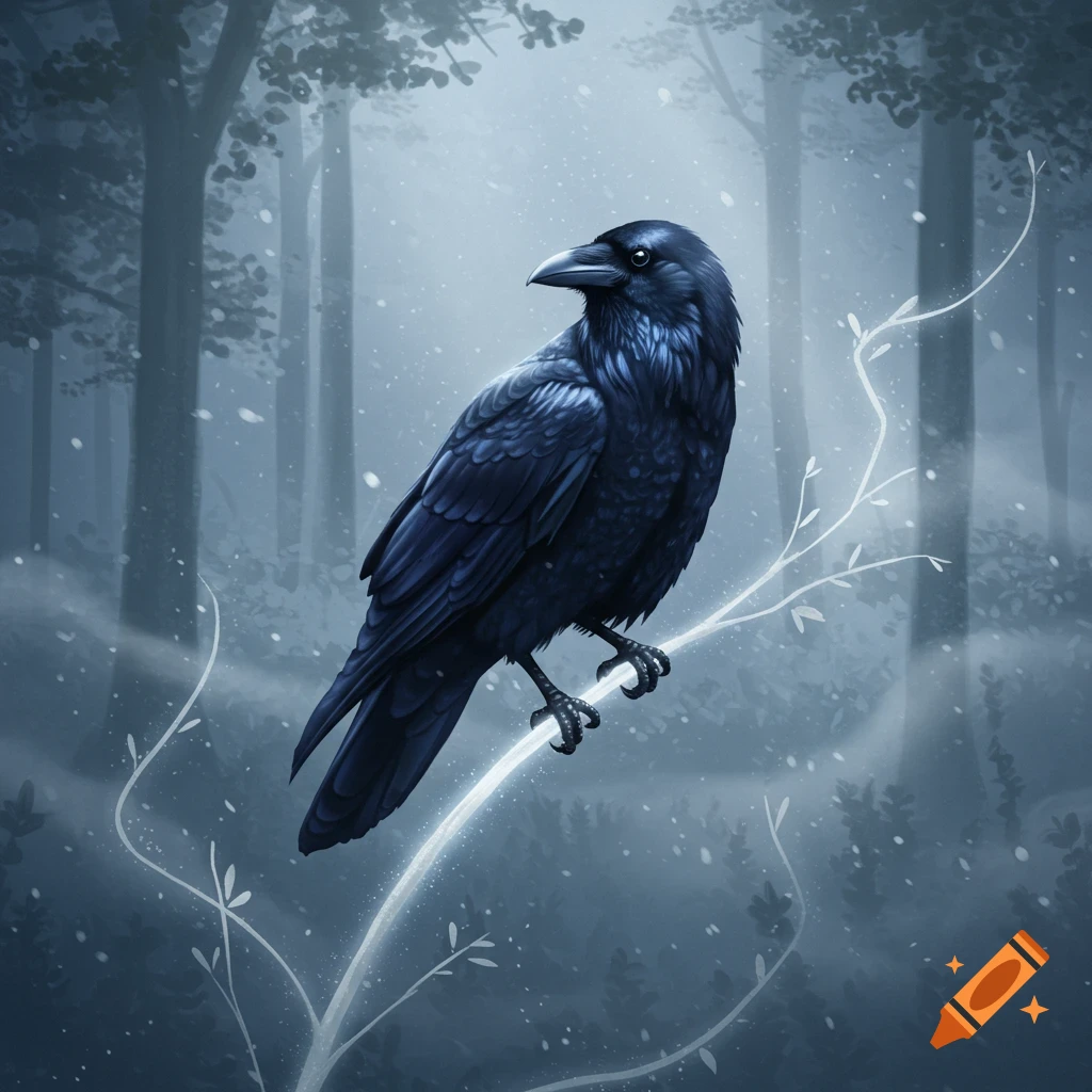 A black raven perched on a glowing branch in a misty, snowy forest, depicted in an ethereal art style.