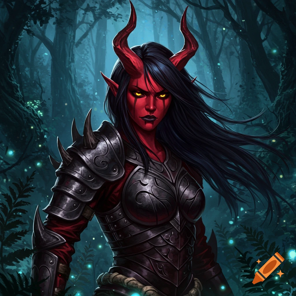 A female demon with red skin, black hair, and red horns wears dark armor in a glowing, mystical forest.