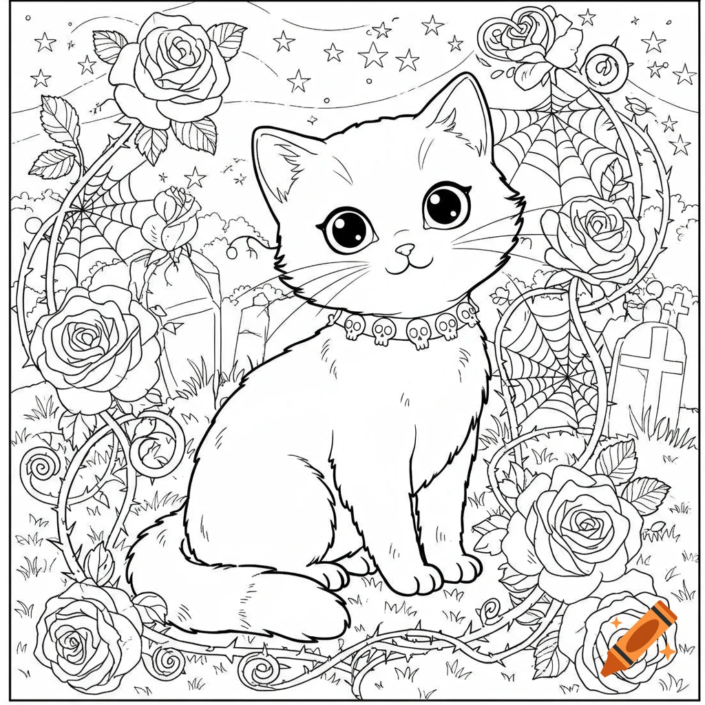 Cute gothic cat line art for a coloring page, with roses, spiderwebs, and gravestones.