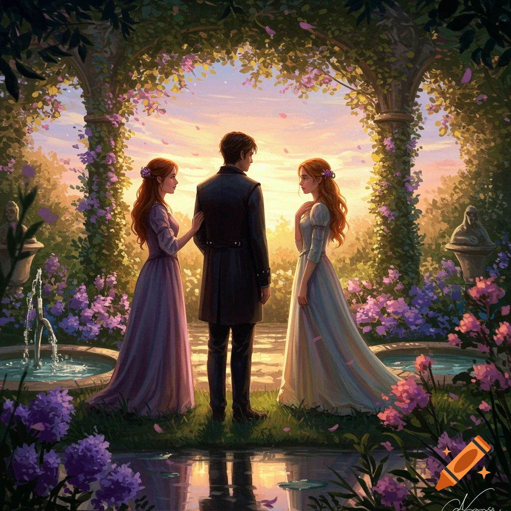 A man stands between two women in a lush, ornate garden at sunset, an illustration depicting a love triangle.