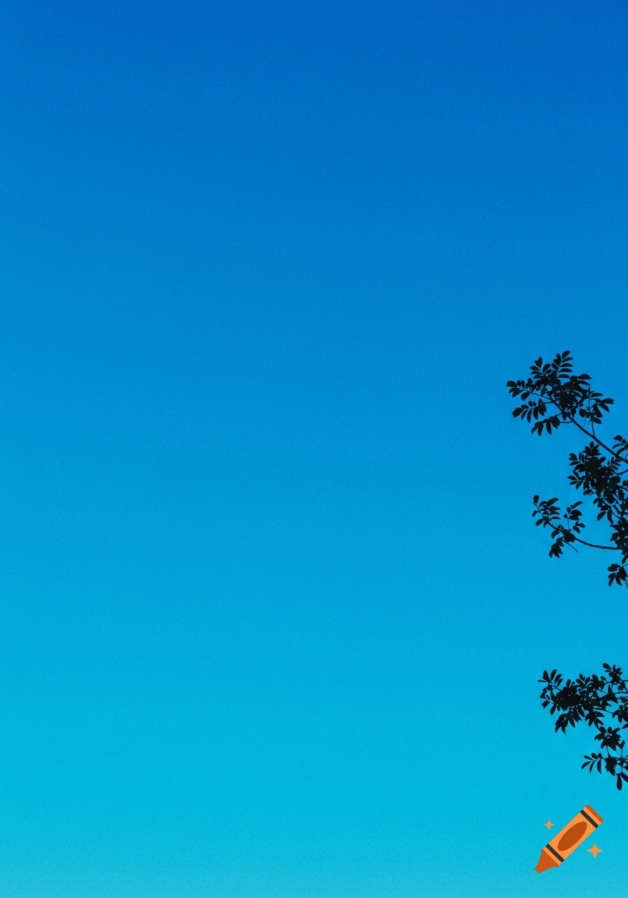 A vibrant blue sky gradient with silhouetted tree branches and leaves on the right.