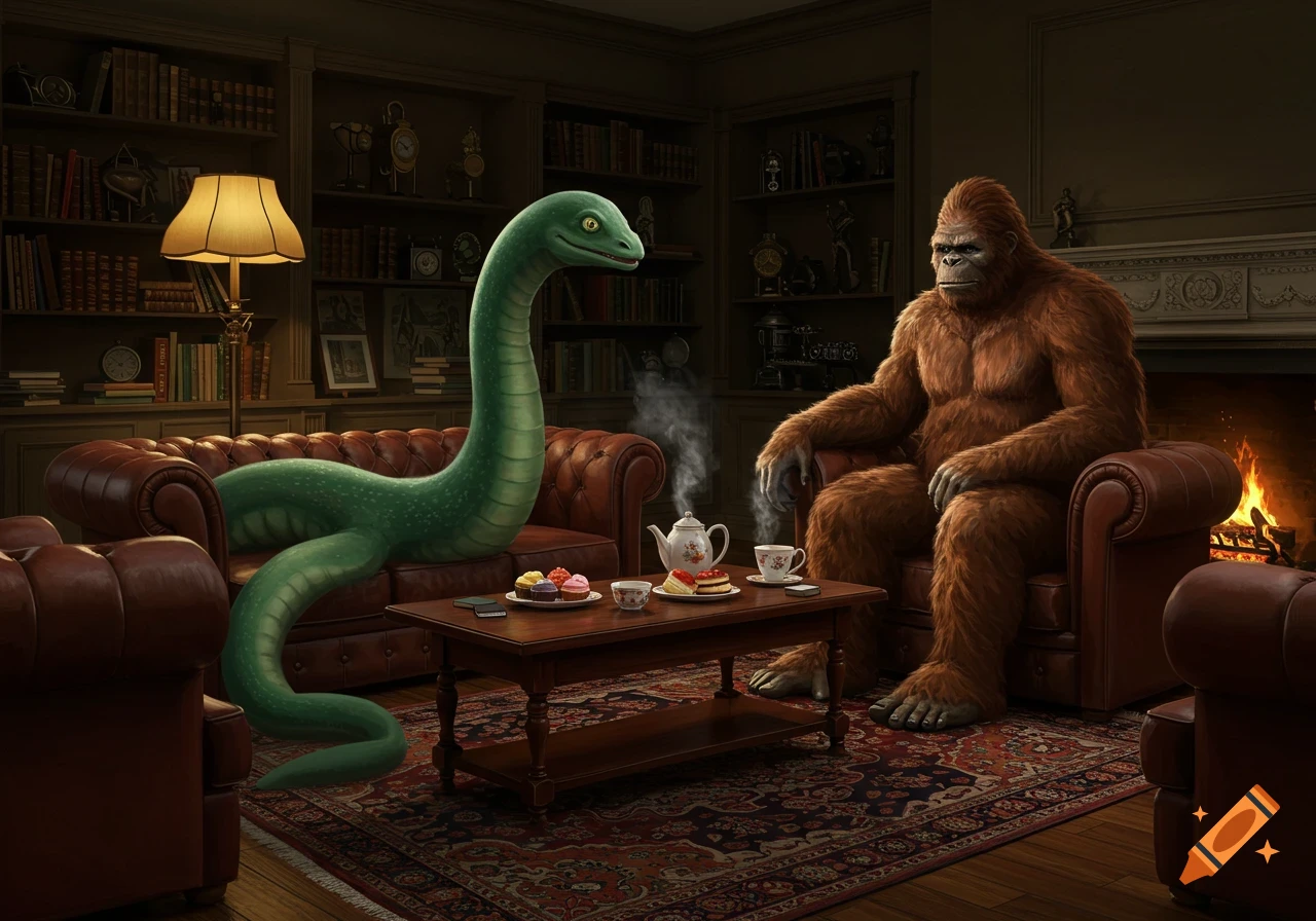 The Loch Ness Monster and Bigfoot sit on leather chairs in a cozy library, having tea together.
