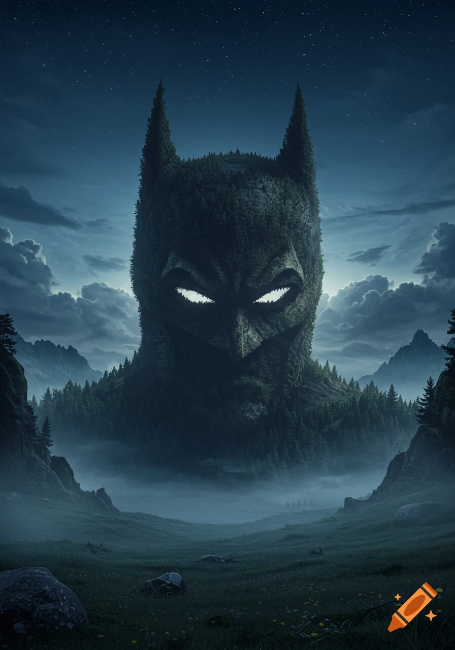 A dark, misty forest landscape featuring a giant, subtly hidden Batman face made of trees and rock formations, with glowing white eyes, under a starry night sky.