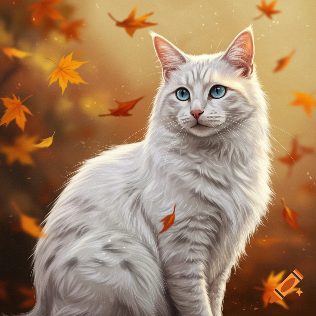 A white cat with bright blue eyes sits amidst a flurry of orange and yellow autumn leaves.