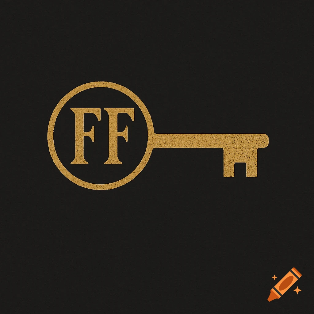 A minimalist gold key icon with the letters 'FF' inside its head, set against a dark charcoal background.