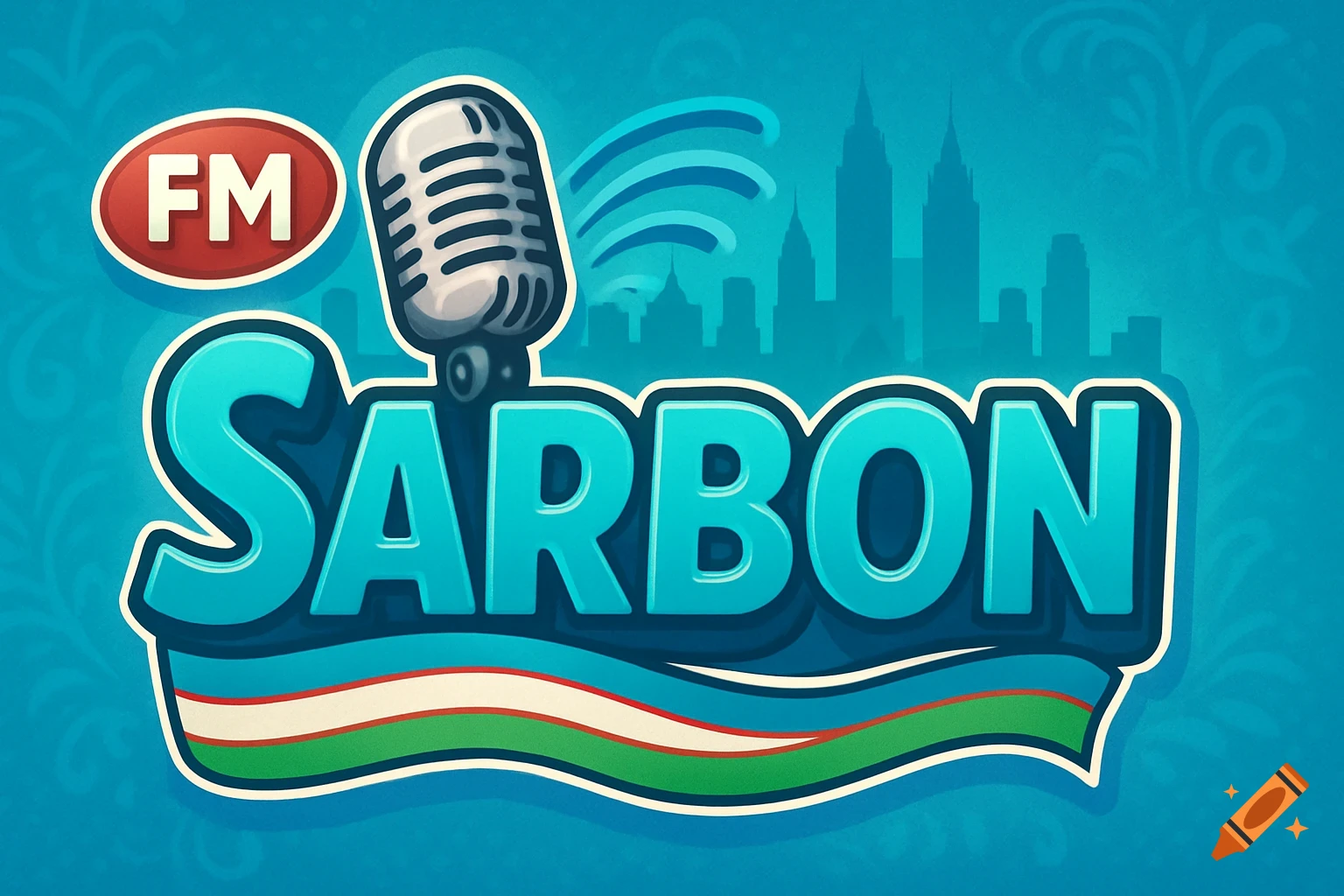 A bright, cartoon-style logo for Sarbon FM radio, featuring a microphone, broadcast waves, city skyline silhouette, and a wavy ribbon with Uzbekistan flag colors.