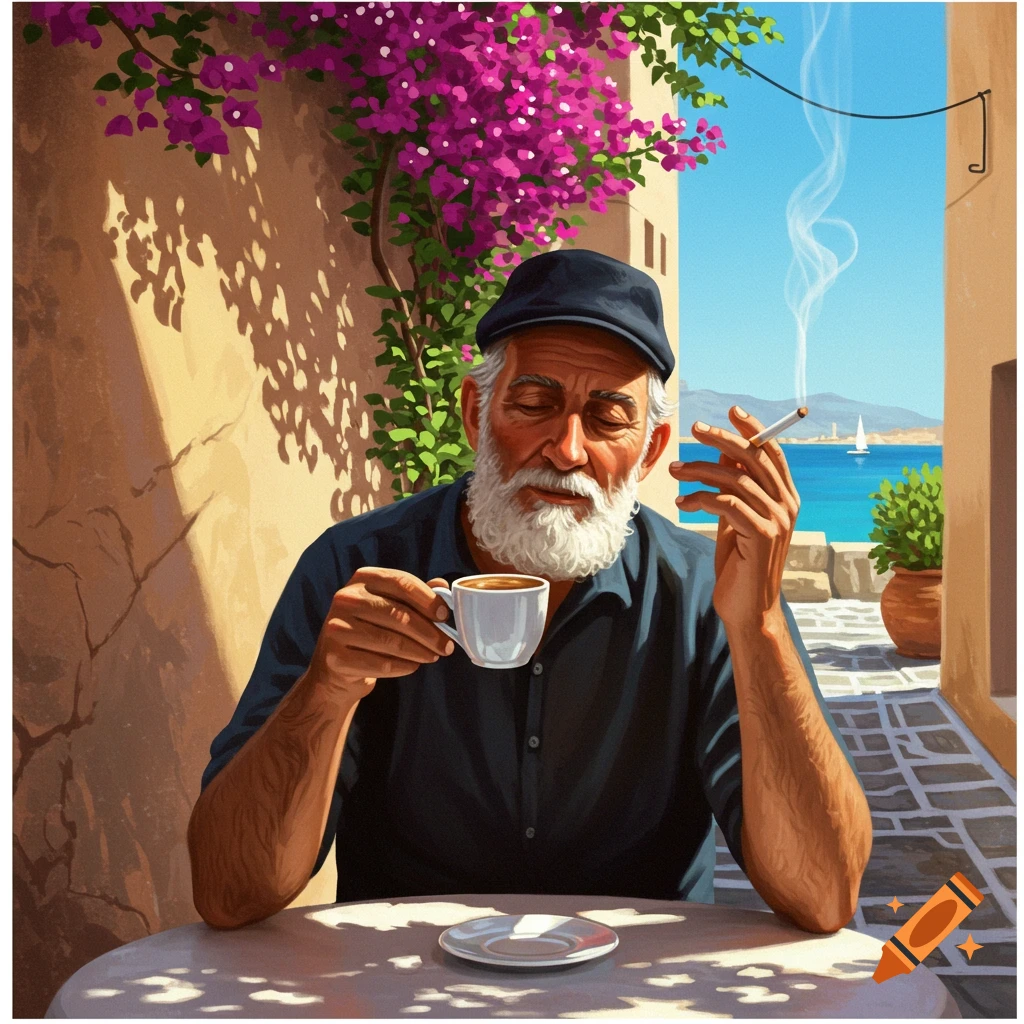 A white-bearded man in a cap sips coffee and smokes a cigarette at an outdoor cafe with bougainvillea, overlooking the sea.