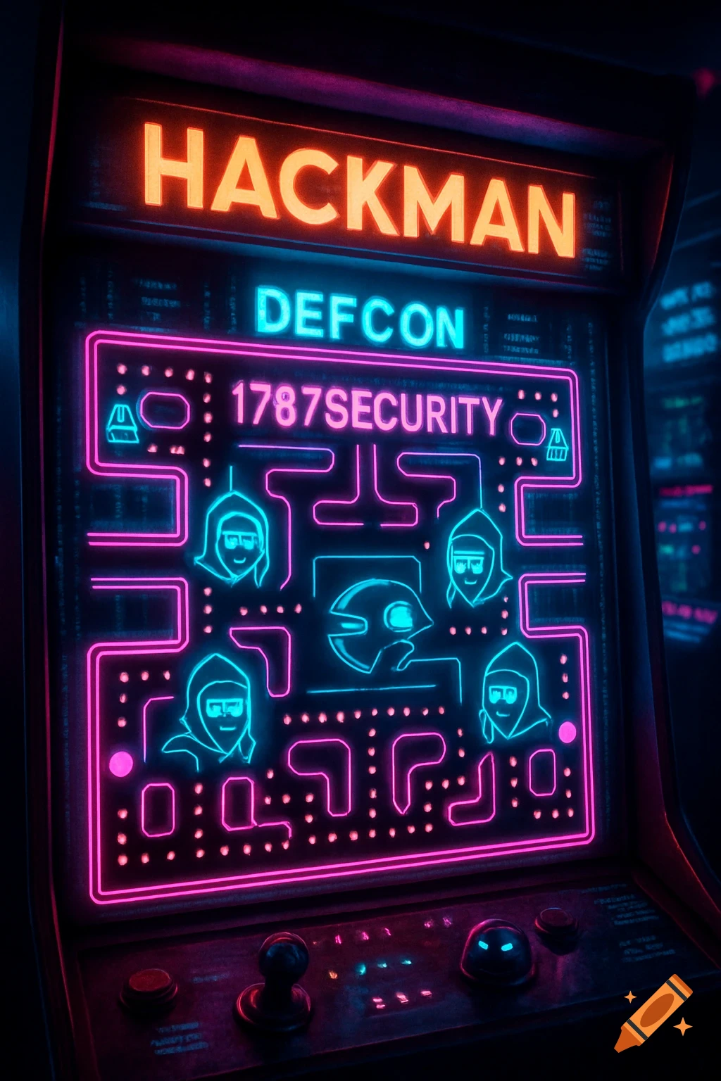 Neon arcade game machine featuring 'Hackman', 'Defcon', and '1787Security' on a Pac-Man style screen.