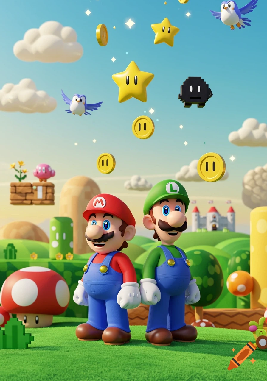 Mario and Luigi stand side-by-side in a vibrant, 3D animated Super Mario Bros. world, surrounded by coins, stars, and classic enemies.