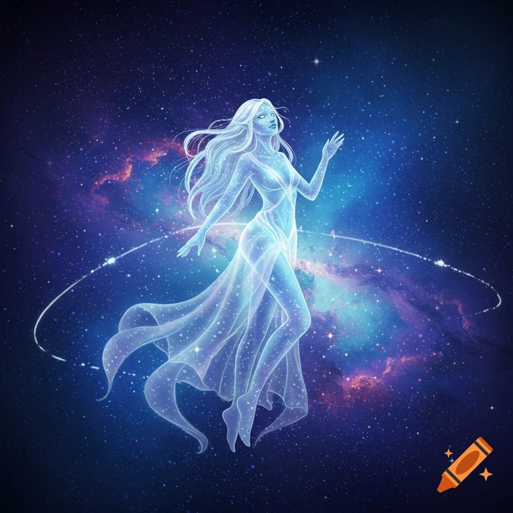 Ethereal glowing woman in a flowing gown floats among stars and nebulae in a cosmic landscape, fantasy art.