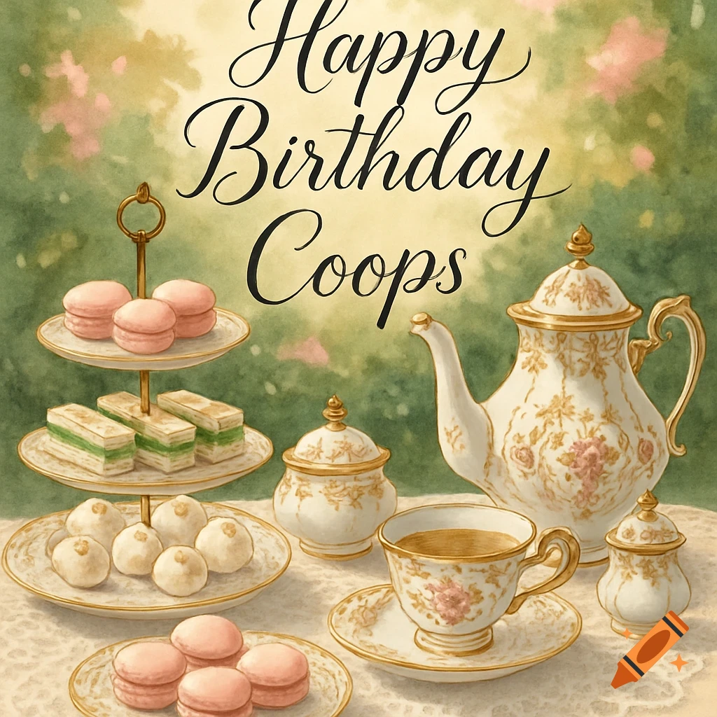 A watercolor illustration of a high tea setting with a teapot, teacup, tiered dessert stands, and the text 'Happy Birthday Coops'.