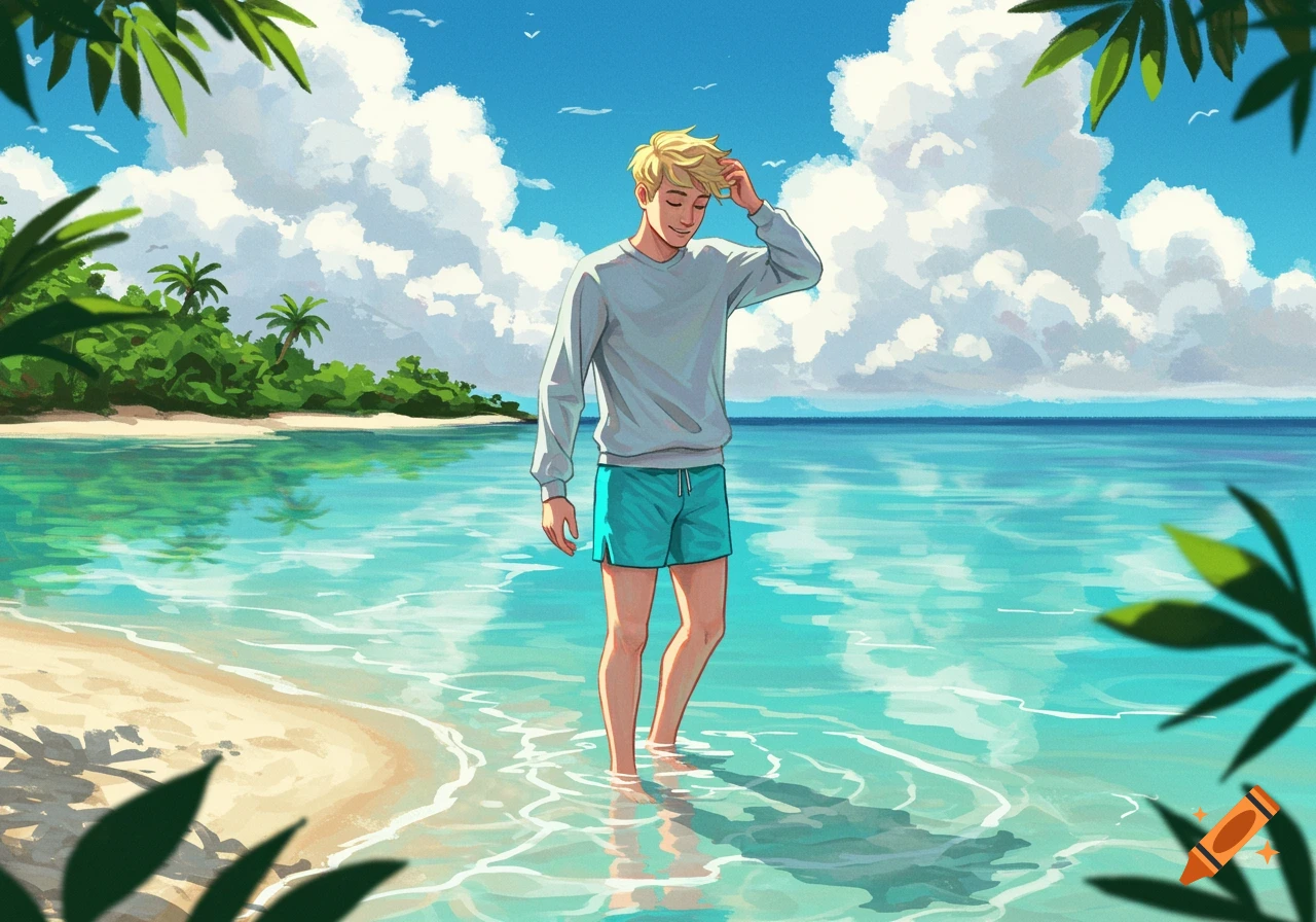 An illustrated young man in a grey shirt and blue shorts stands in clear turquoise ocean water on a sunny tropical beach.