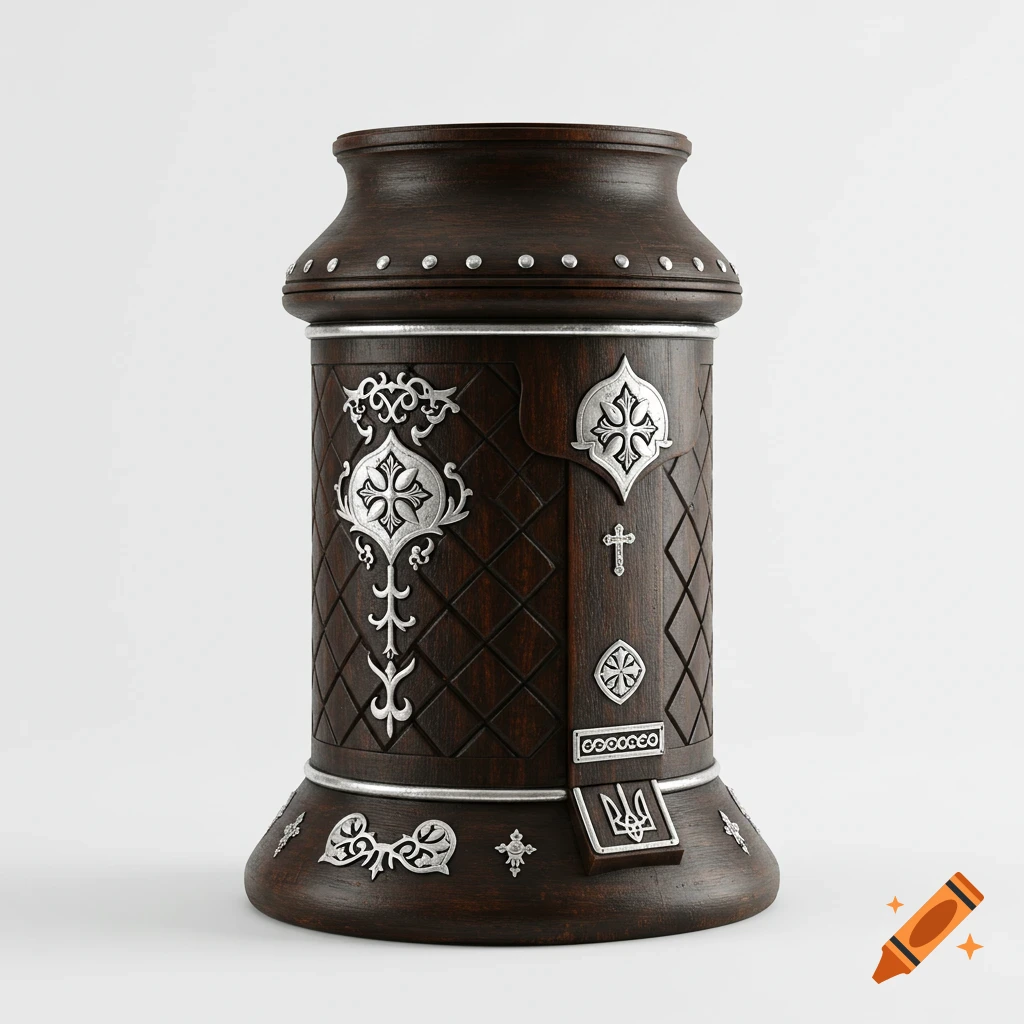 A photorealistic depiction of a dark wooden Ukrainian bulava with ornate silver embellishments on a white background.